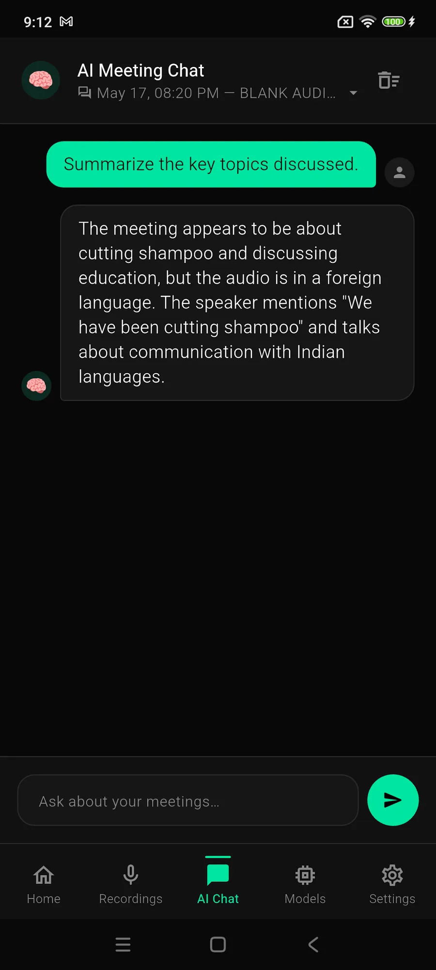 AI Meeting Chat screen showing a question about key topics and an answer generated from the meeting transcript