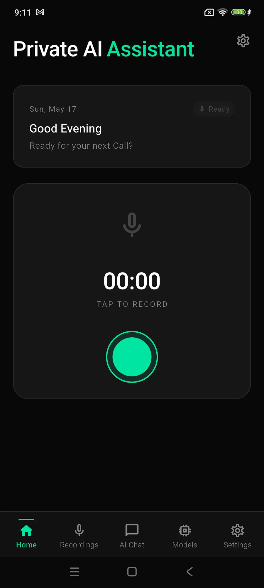 Private AI Assistant home screen with a record button, timer and bottom navigation for recordings, AI chat, models and settings