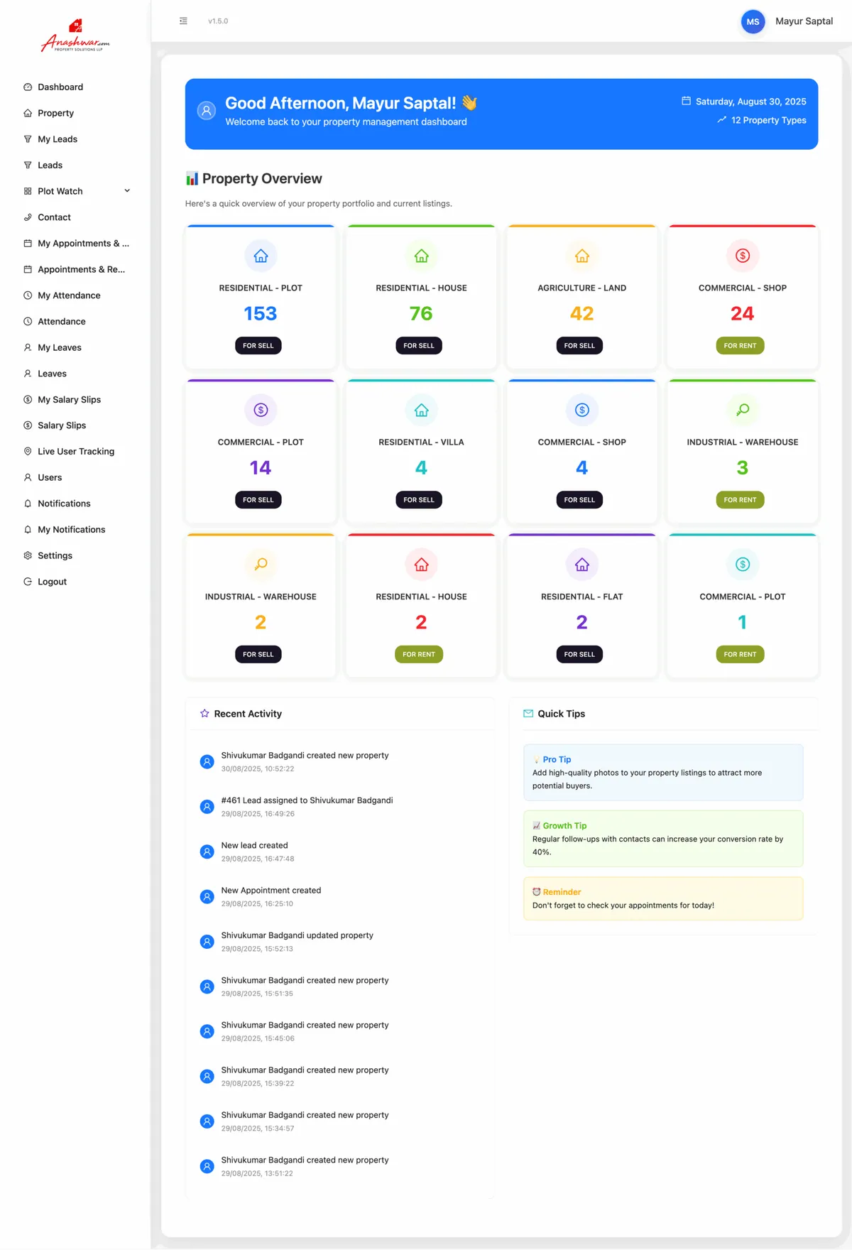 Property dashboard showing counts of residential, commercial, agricultural and industrial listings for sale and rent, with a recent activity feed
