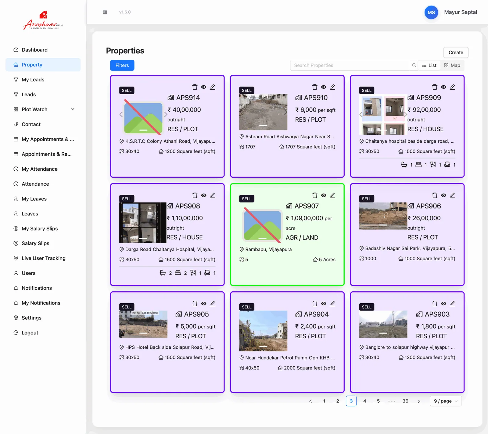 Property listing grid with photos, reference numbers, prices, plot sizes and quick edit actions