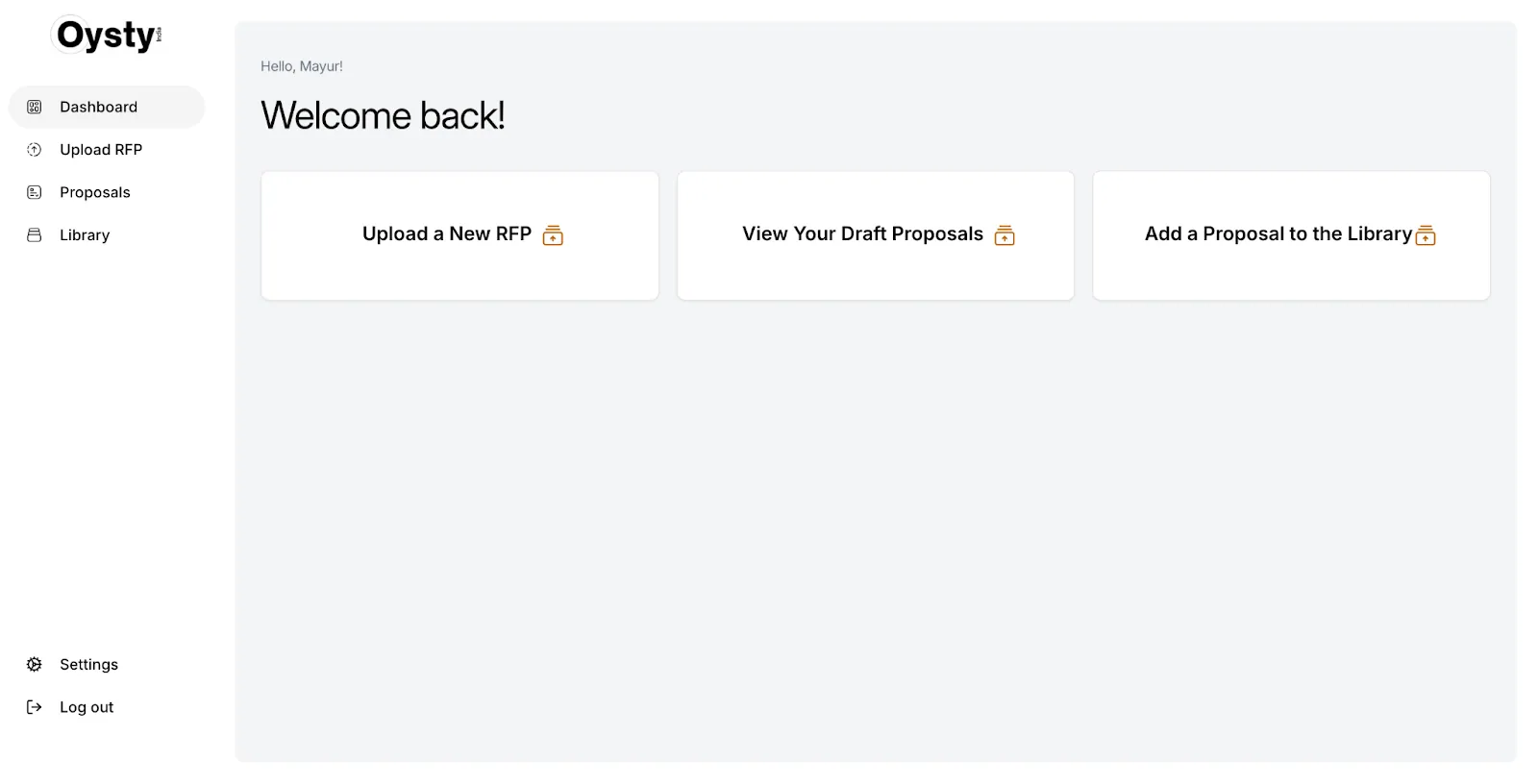 Proposal platform dashboard with actions to upload a new RFP, view draft proposals and add a proposal to the library
