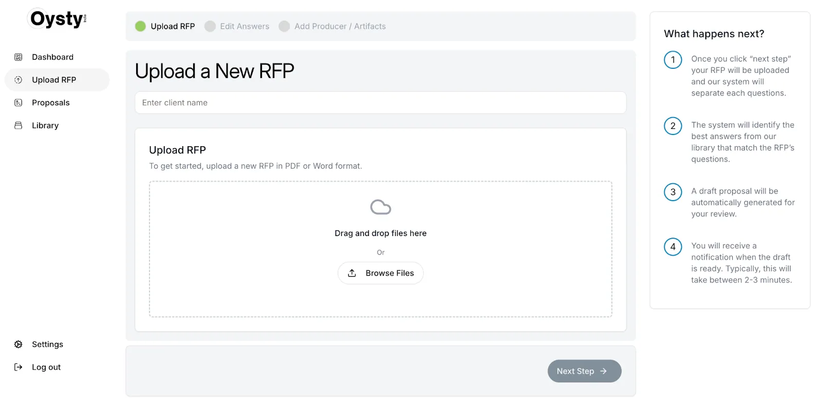 Upload a New RFP screen with a drag-and-drop area, client name field and a four-step explanation of what happens next