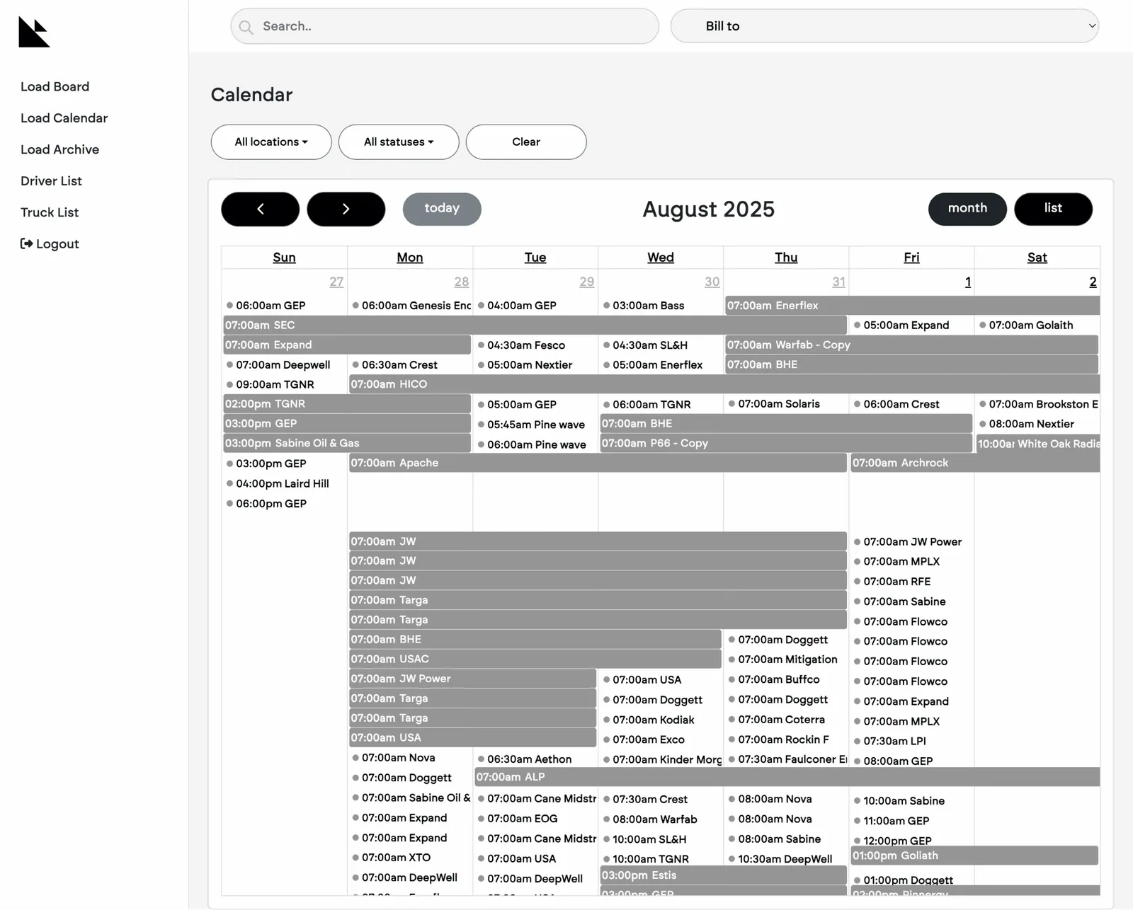 Month calendar view with loads colour-coded across each day and time slot