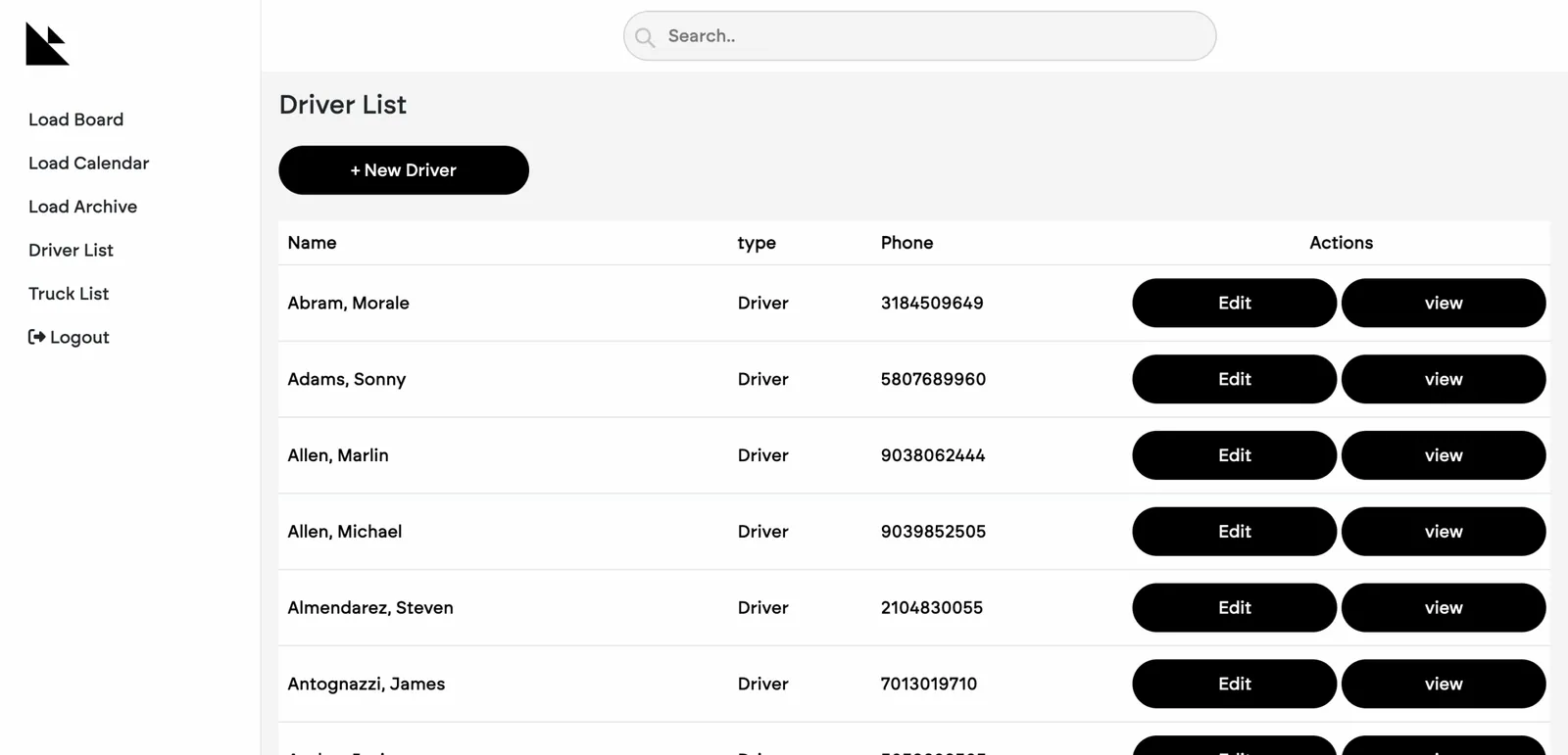Driver list table with names, driver type and phone numbers, plus edit and view actions