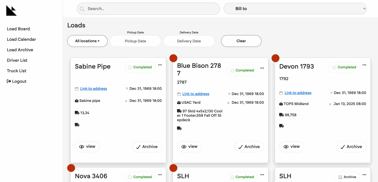 Load board listing scheduled loads with client names, pickup and delivery times, truck numbers and status labels